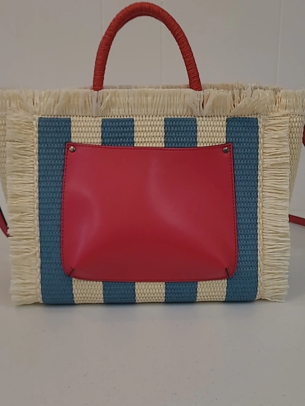 Patricia Nash Greek Isles Straw Tote w Blue Stripes & Red Accent+ CrossbodyStrap